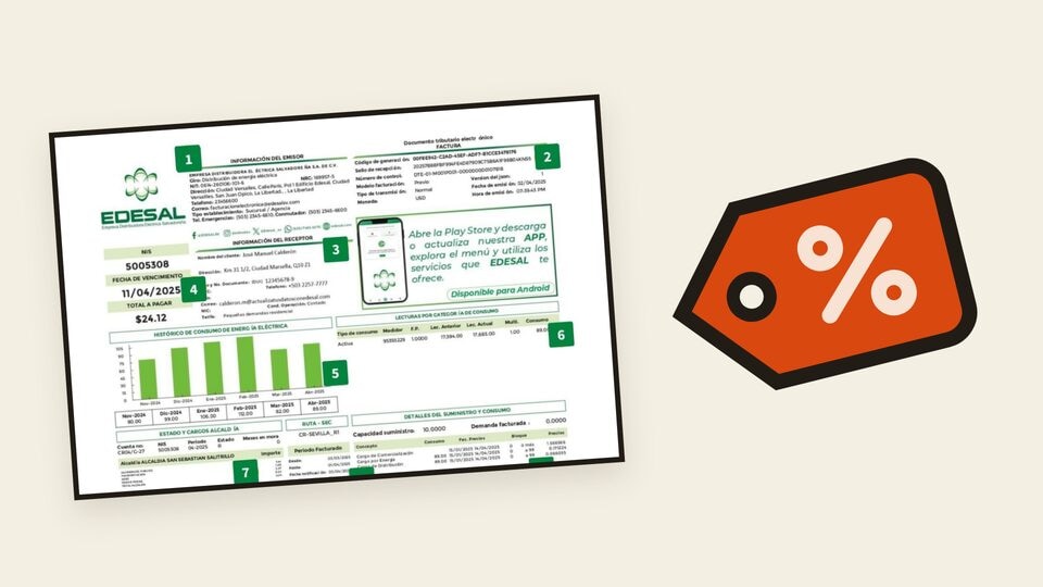 Factura EDESAL anotada junto a una etiqueta de descuento para ilustrar un subsidio.