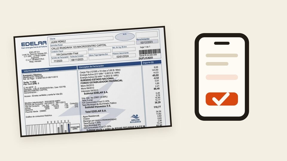 Vista previa de una factura de EDELAR junto a un teléfono con botón de pago