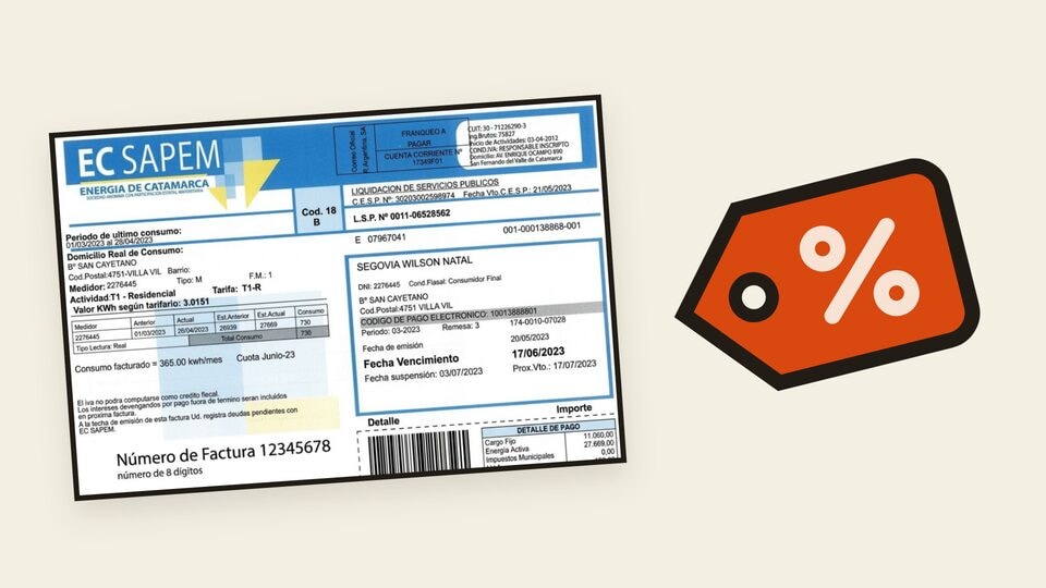Vista previa de la guía sobre la Tarifa de Interés Social de EC SAPEM, con una boleta y una etiqueta de descuento.