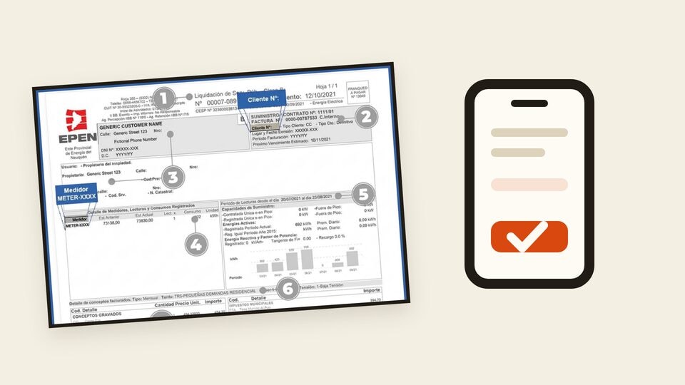 Factura EPEN junto a un comprobante con marca de verificación para explicar cómo pagarla.