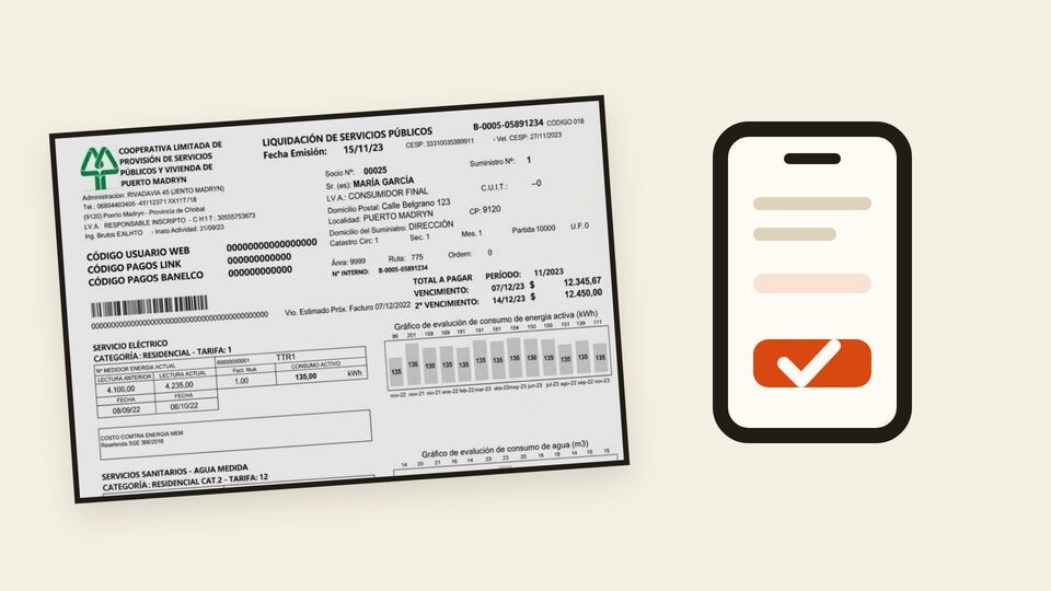 Vista previa de la guía Cómo pagar la factura de Servicoop, con una factura junto a un teléfono y una marca de confirmación.