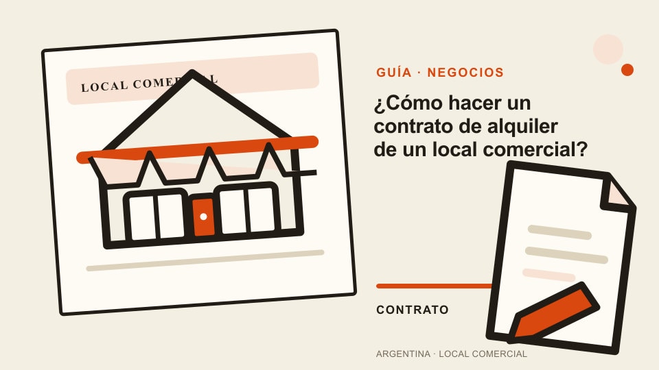 Vista previa de la guía sobre el contrato de alquiler de un local comercial, con un local ilustrado y un contrato firmado.
