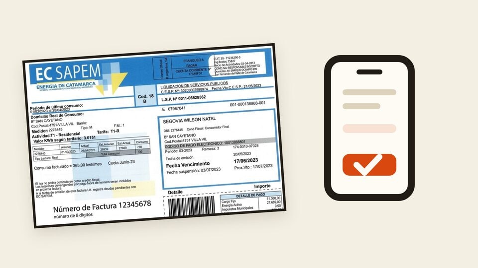 Vista previa de la guía para pagar la factura de EC SAPEM, con una boleta y un teléfono con confirmación de pago.