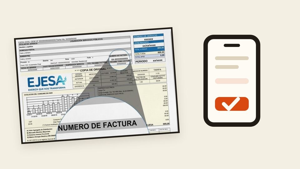 Vista previa de una factura de EJESA junto a un teléfono con botón de pago
