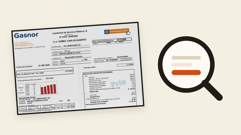 Vista previa de una factura de Naturgy NOA junto a una lupa para identificar los datos de la boleta