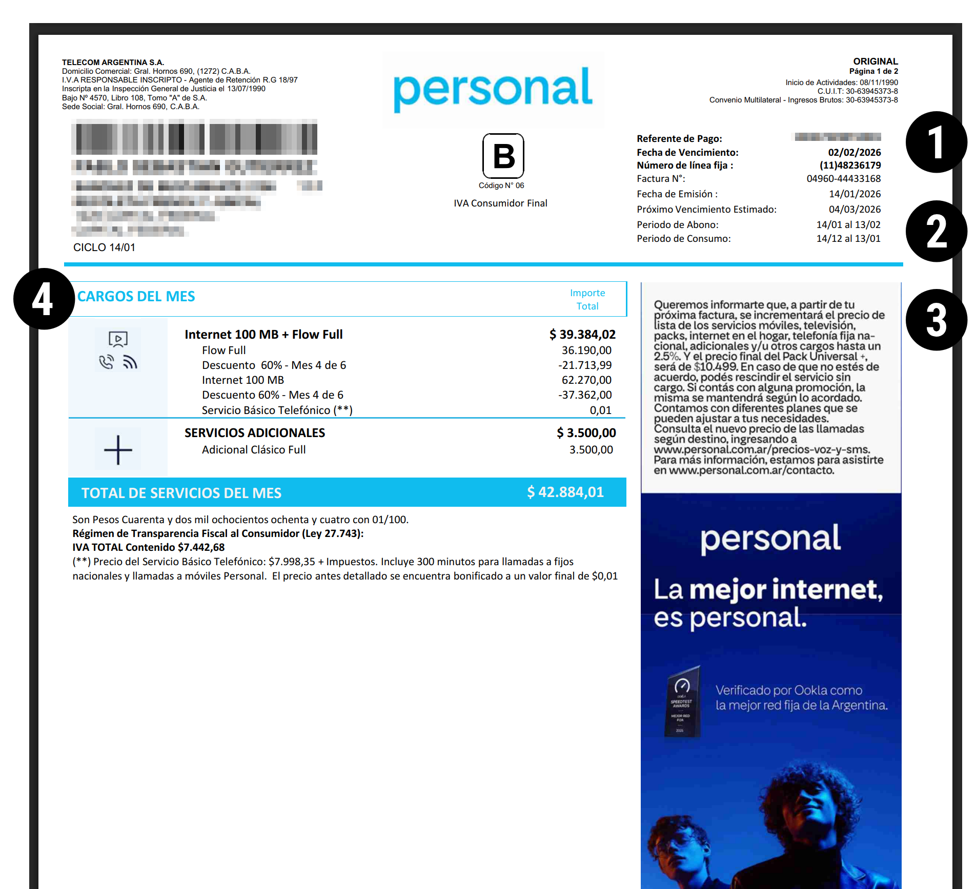 Detalle de una factura Personal con períodos, cargos, descuentos y tratamiento del IVA