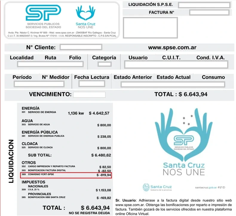 Factura de SPSE con el número de cliente, el medidor, el vencimiento y el total de la boleta