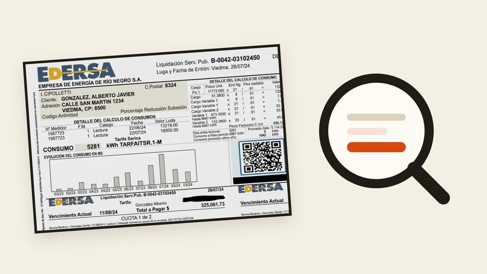 Vista previa de una factura de EDERSA junto a una lupa para identificar los datos de la boleta