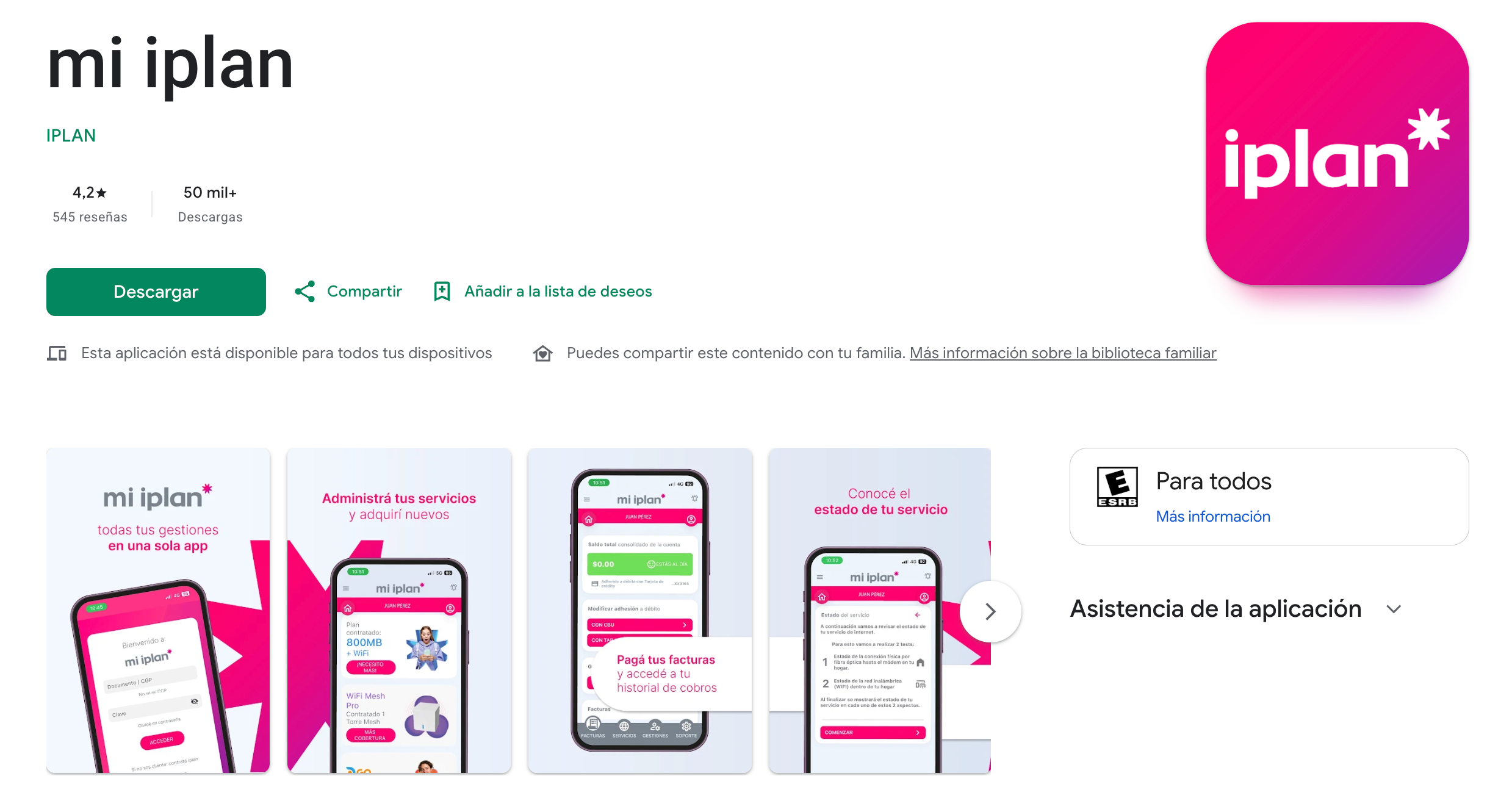 Ficha pública de mi iPlan en Google Play con capturas promocionales de la aplicación