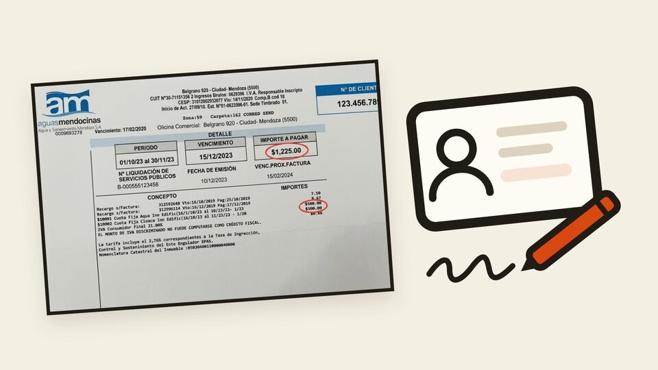 Vista previa de la guía de cambio de titularidad de AYSAM, con una factura de AYSAM, un DNI y una lapicera.