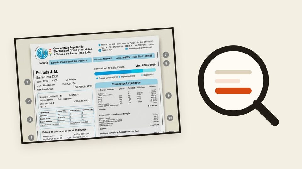 Factura CPE inclinada junto a un ícono de lupa para explicar cómo leerla.