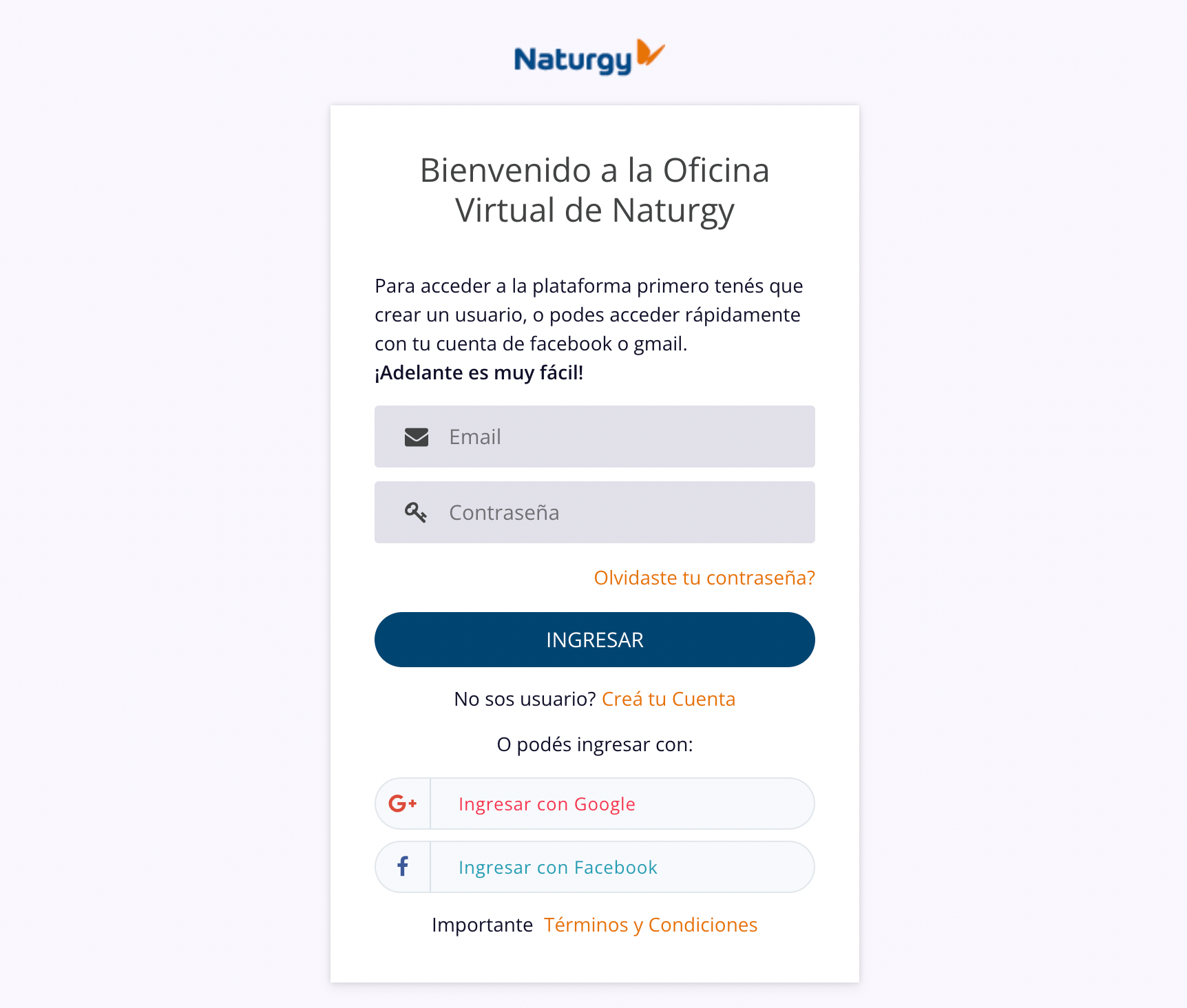 Ventana de acceso a la Oficina Virtual de Naturgy NOA