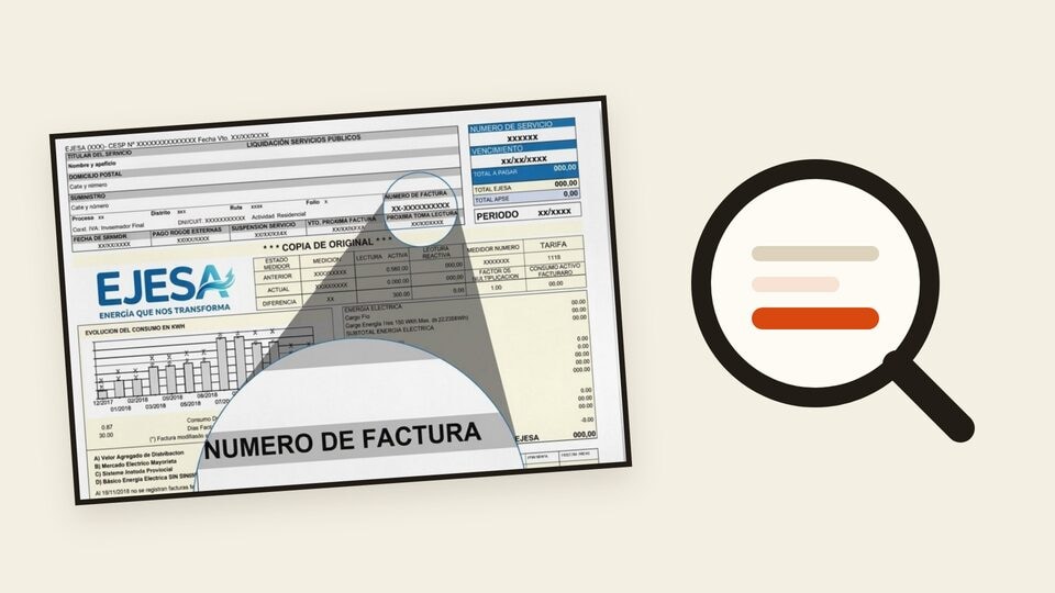 Vista previa de una factura de EJESA junto a una lupa para identificar los datos de la boleta
