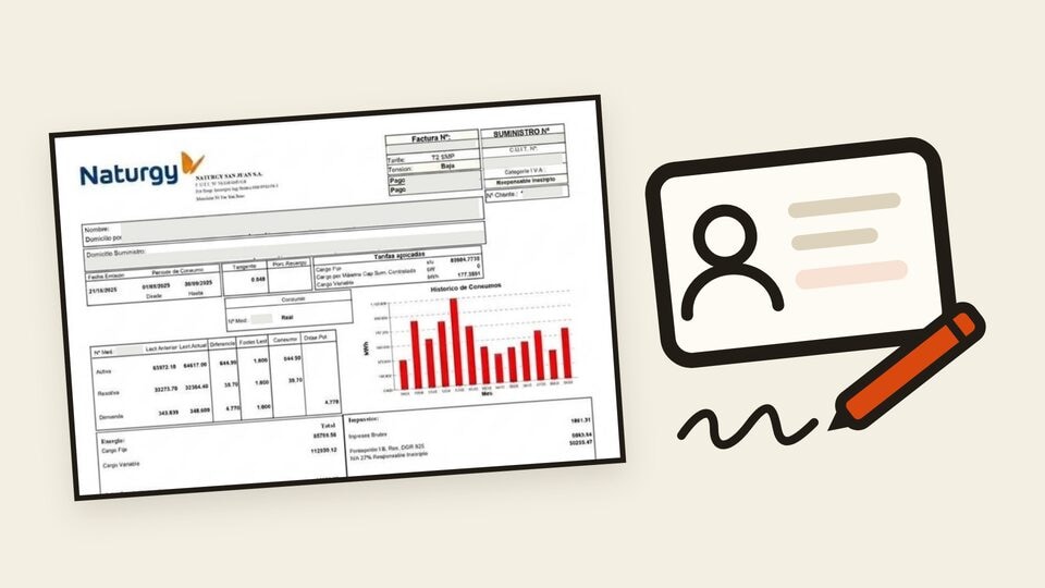 Vista previa de la guía de cambio de titularidad de Energía San Juan, con una factura de Energía San Juan, un DNI y una lapicera.