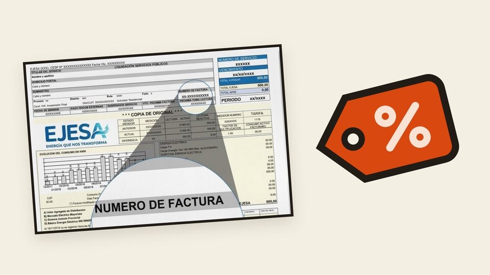 Vista previa de una factura de EJESA junto a una etiqueta de descuento
