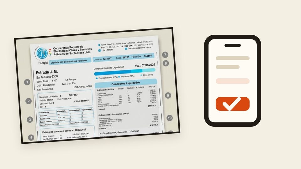 Factura CPE junto a un ícono de comprobante con marca de verificación para explicar cómo pagarla.