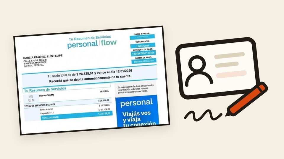 Vista previa de la guía de cambio de titularidad de Personal, con una factura de Personal, un DNI y una lapicera.