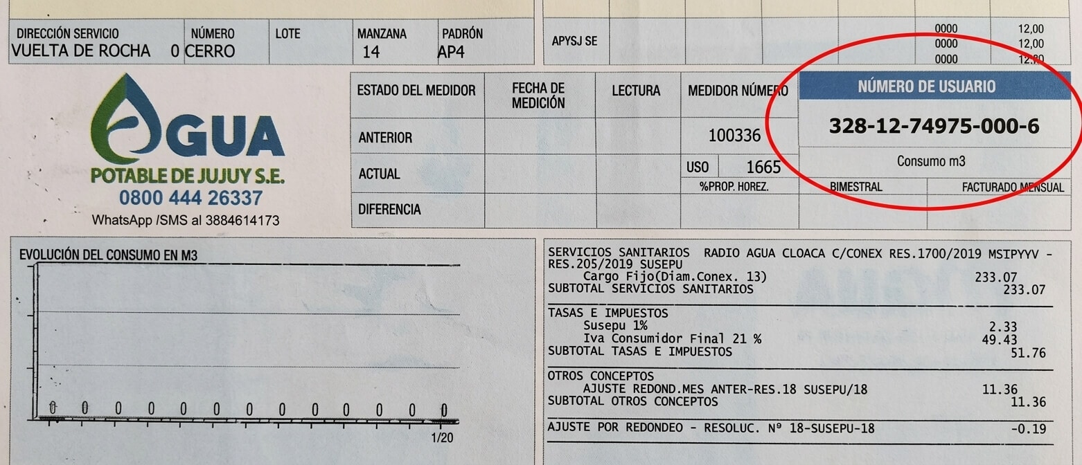 Factura de Agua Potable de Jujuy de ejemplo con número de usuario, lecturas, consumo en m³ y cargos