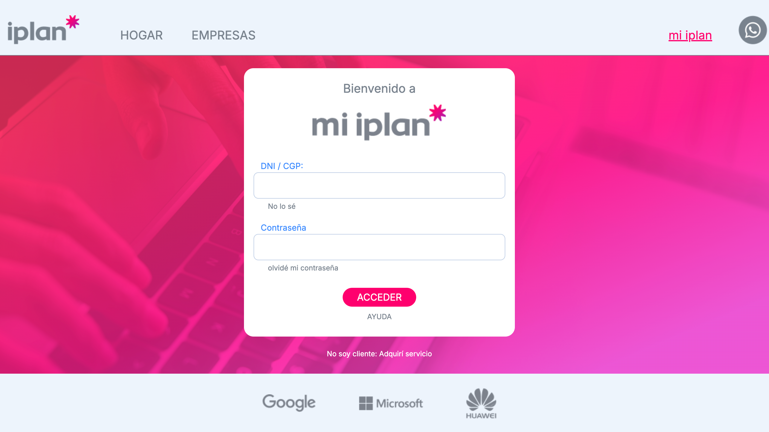 Pantalla pública de acceso a Mi iPlan con campos para DNI o CGP y contraseña