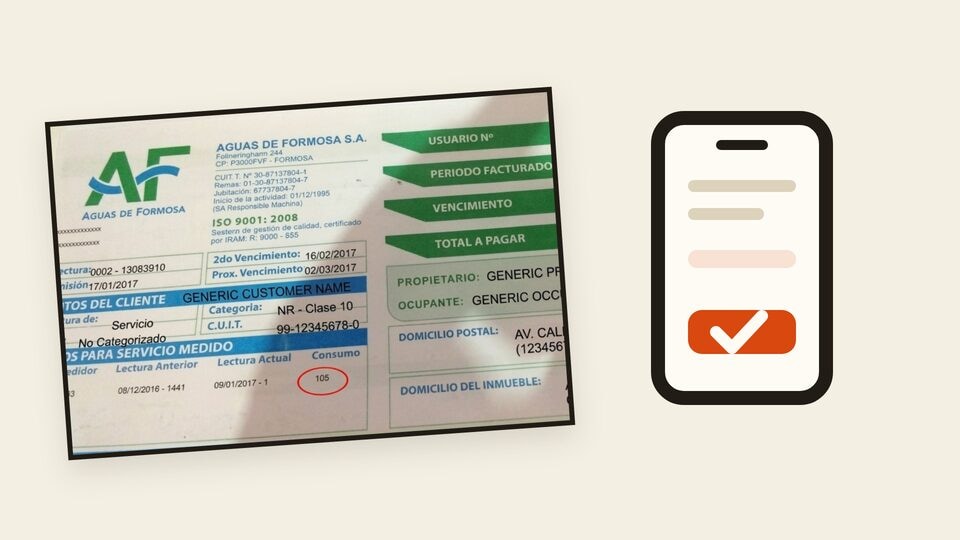 Factura de Aguas de Formosa junto a un teléfono con confirmación de pago para ilustrar cómo pagarla.