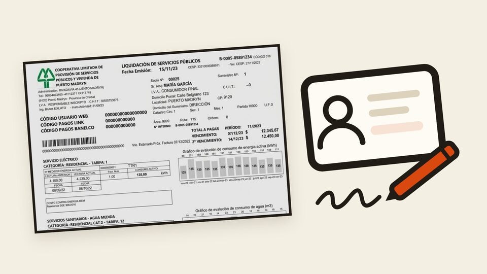 Vista previa de la guía de cambio de titularidad de Servicoop, con una factura de Servicoop, un DNI y una lapicera.