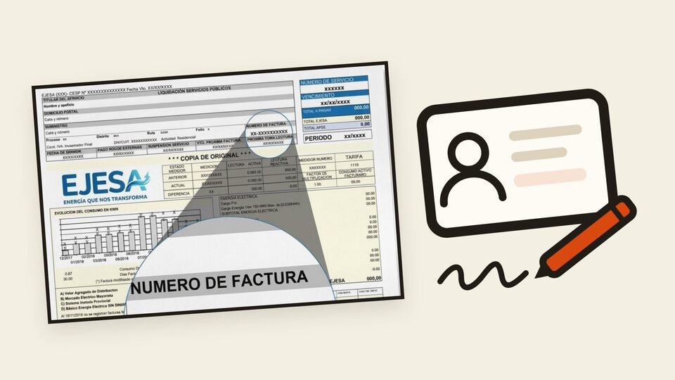 Vista previa de la guía de cambio de titularidad de EJESA, con una factura de EJESA, un DNI y una lapicera.