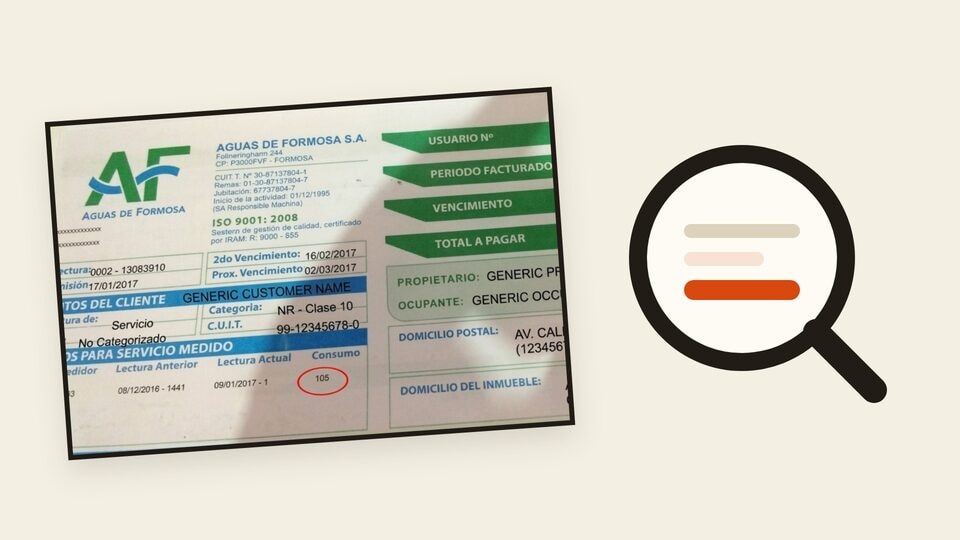 Factura de Aguas de Formosa junto a una lupa para ilustrar cómo leer los datos de la boleta.