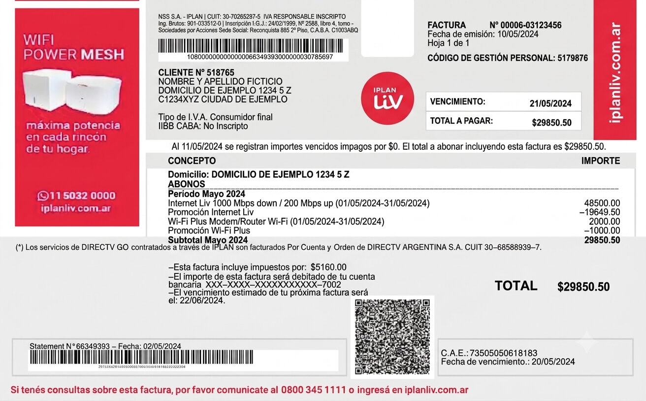 Ejemplo de factura de iPlan Liv de mayo de 2024 con Cliente N°, CGP, abonos y descuentos