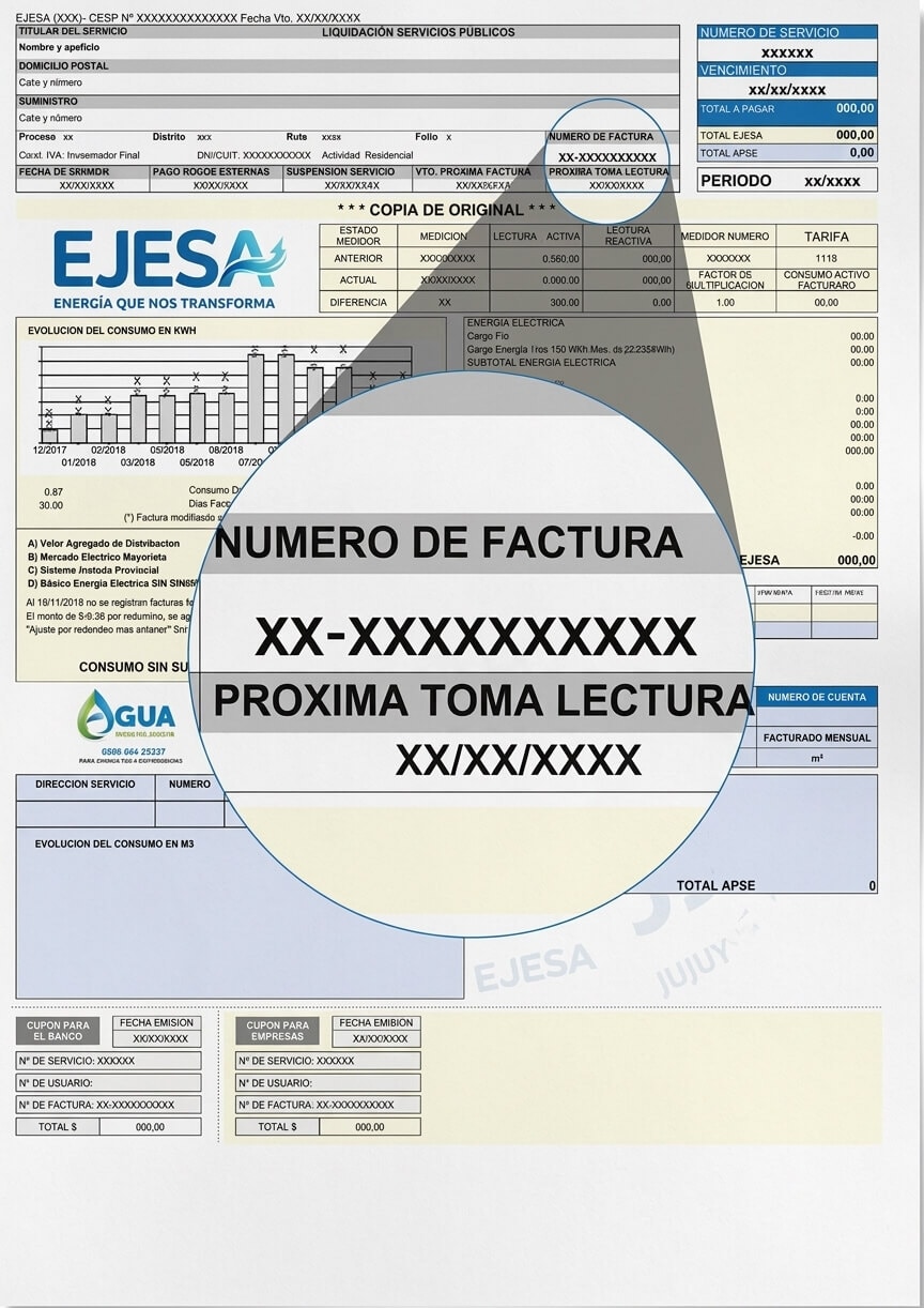 Factura de EJESA de ejemplo con número de servicio, consumo, cargos y vencimiento