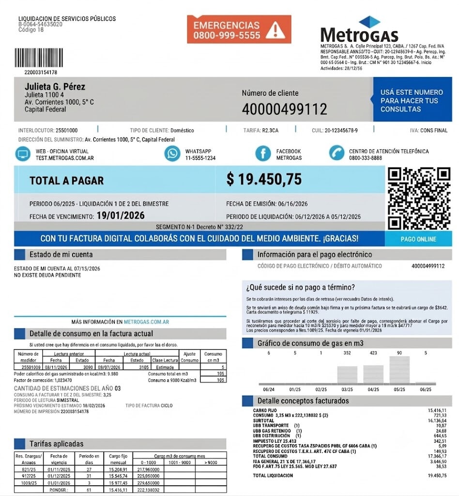 Factura de MetroGAS de ejemplo: el número de cliente figura arriba a la derecha, el total a pagar con su vencimiento a la izquierda del QR y el código de pago electrónico en el recuadro Información para el pago electrónico, debajo del total