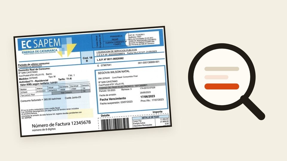 Vista previa de la guía para leer la factura de EC SAPEM, con una boleta y una lupa.