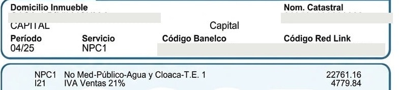 Detalle de período, servicio NPC1, códigos bancarios ocultos y cargos por agua, cloaca e IVA