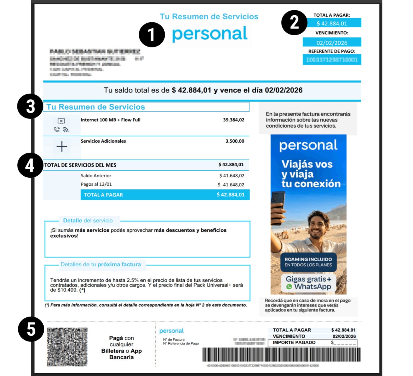 Resumen de servicios de una factura Personal con total, vencimiento y referente de pago destacados