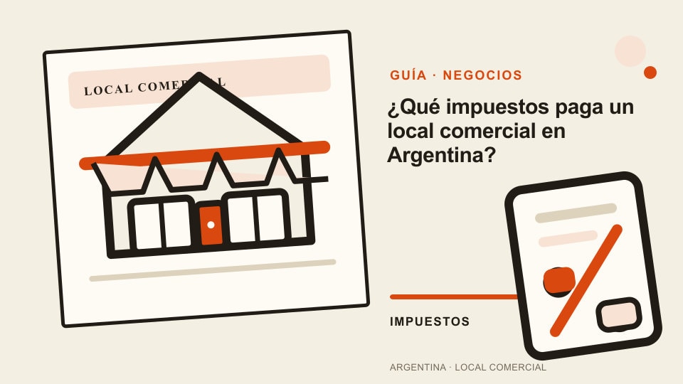 Vista previa de la guía sobre impuestos de un local comercial en Argentina, con un local ilustrado y un documento tributario.