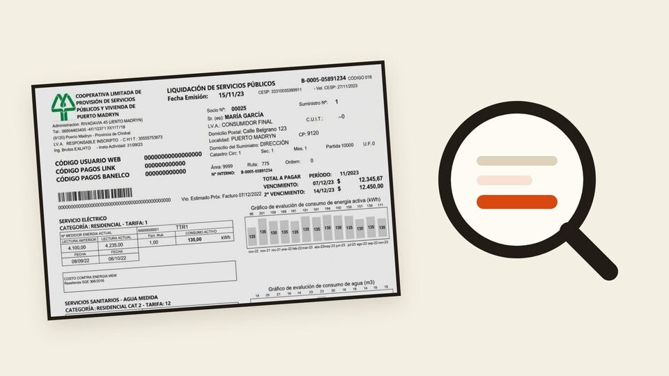 Vista previa de la guía Cómo leer la factura de Servicoop, con una factura junto a una lupa.
