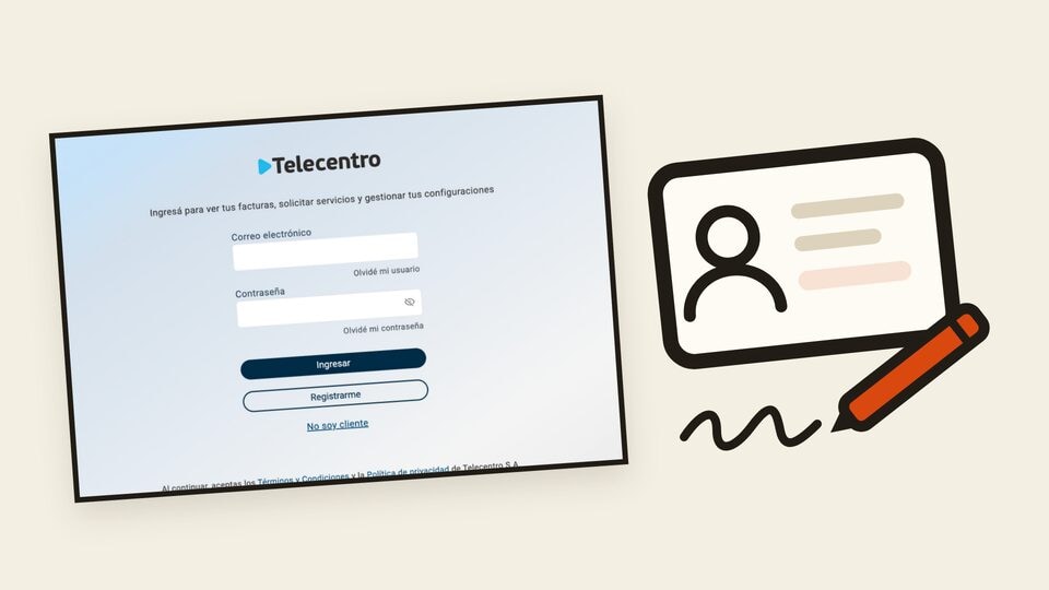 Vista previa de la guía de cambio de titularidad de Telecentro, con una factura de Telecentro, un DNI y una lapicera.