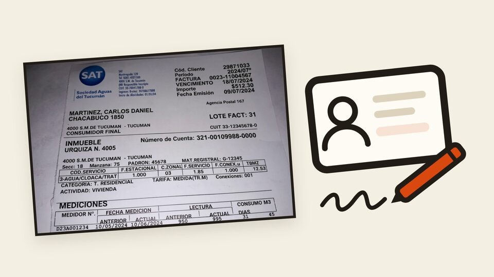 Vista previa de la guía de cambio de titularidad de SAT, con una factura de SAT, un DNI y una lapicera.